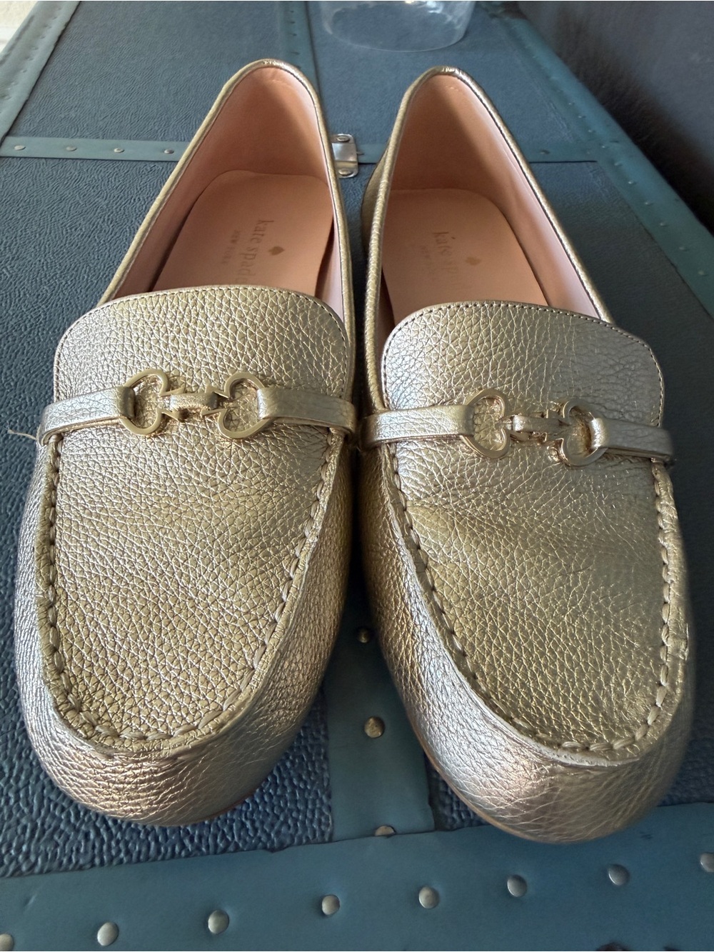 kate spade Bernice Metallic Gold Leather Loafers with Horsebit Accent